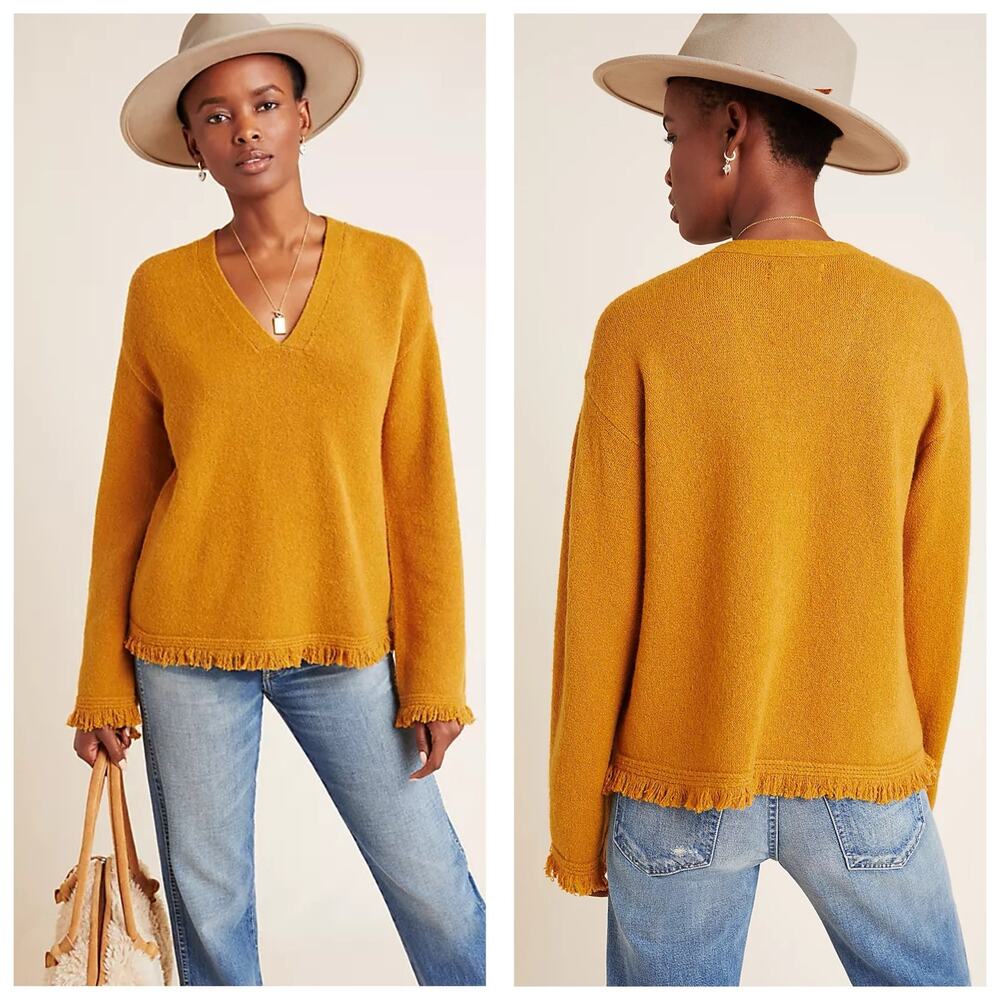 Anthropologie Joy Fringed V-Neck Sweater Size XS Mustard Yellow Pullover